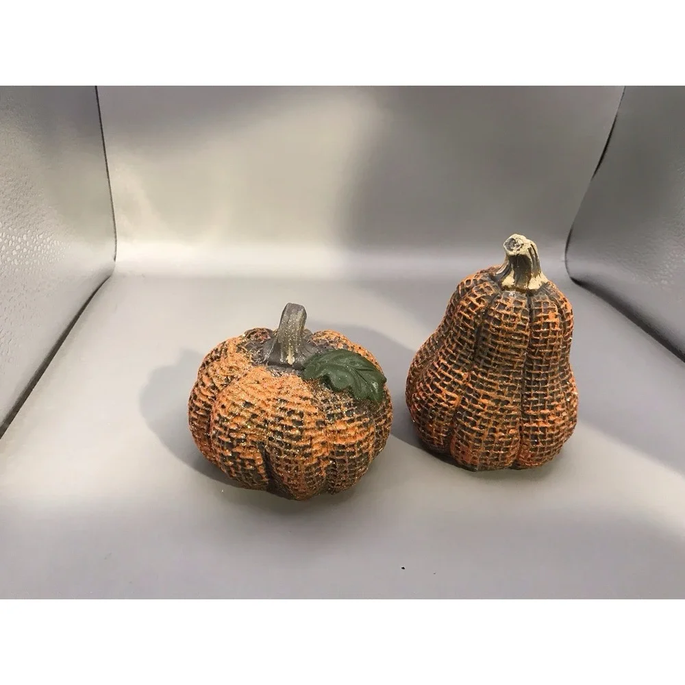 2 Sparkling Textured Green And Orange Pumpkins Fall Halloween Thanksgiving‎